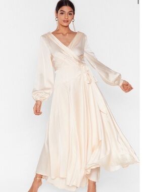 Nasty Gal Cream Satin Wrap Long Sleeve Maxi Dress
